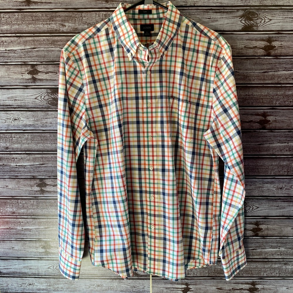 J. Crew‎ Men's Slim Long-Sleeved Button-Down Shirt Size L White Multicolor Plaid